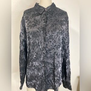 Vtg dark gray metallic jacquard floral button down shirt